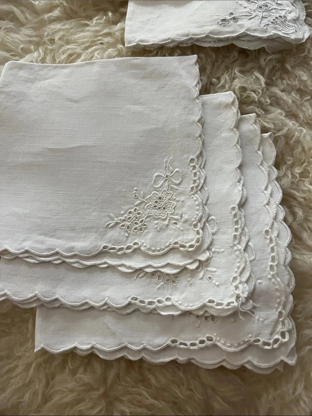 Set of White Embroidered Linen table napkins